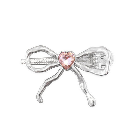 Silver Bow Pink Rhinestone Hair Clip